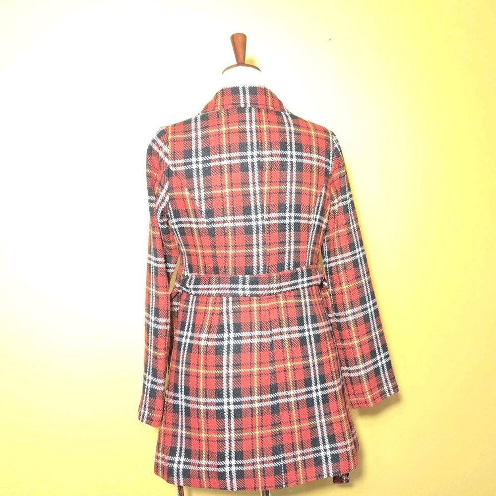 Forever 21 Wool Blend Plaid Button Up Pea Coat Large‎ Red Black White Gold NWT - Picture 2 of 8